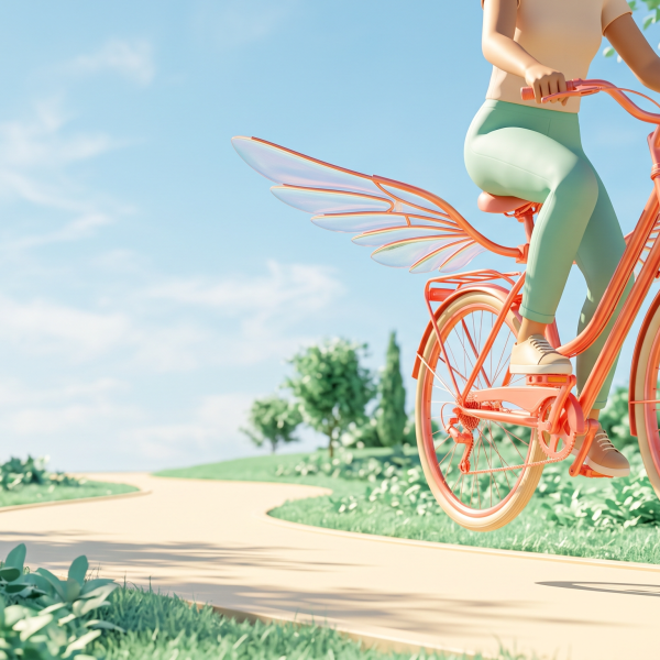 Tasteful surrealist 3D art of a coral bicycle with