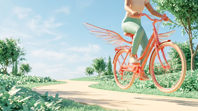 Tasteful surrealist 3D art of a coral bicycle with